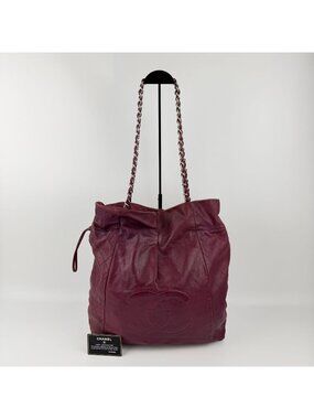Chanel CC Logo Chain Shoulder Bag Tote Red Caviar Leather Vintage